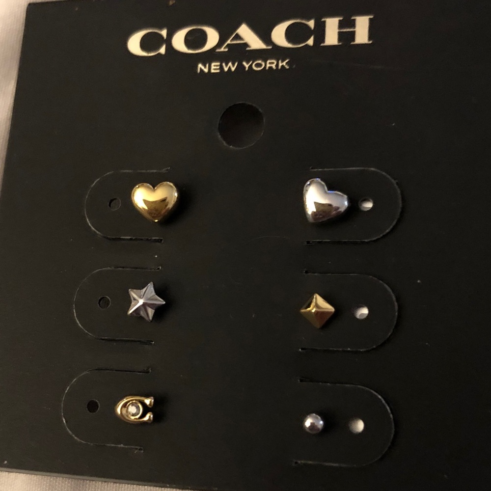 Coach Two Tone 6PC Stud Earring Set Heart, Star, C, Pyramid & Ball NWT